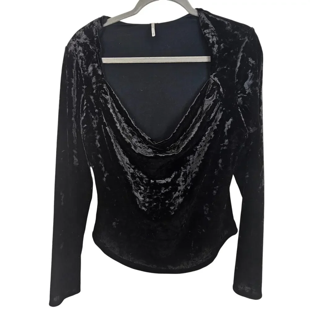 Free People Perfect Date Black Velvet Top Sz M Cowl Neck Whimsigoth Vamp Witchy